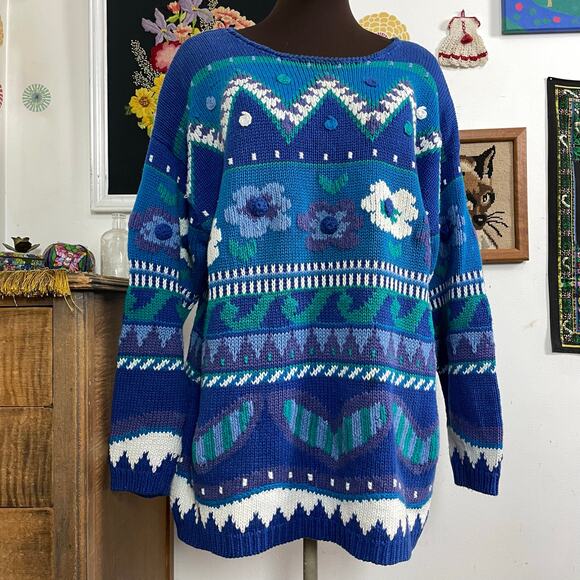Vintage Blue Flower Graphic Sweater, 1990s Textured Cotton Floral Sweater Sz L - Picture 5 of 10